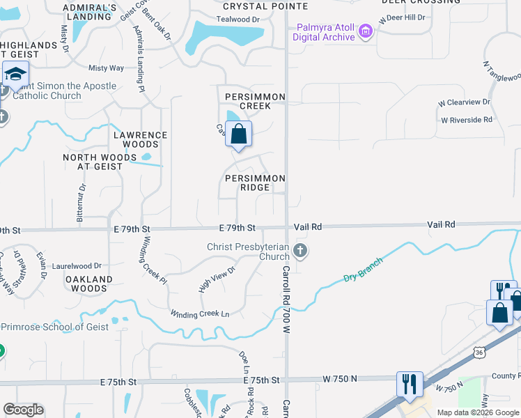 map of restaurants, bars, coffee shops, grocery stores, and more near 7963 Dillon Place in Indianapolis