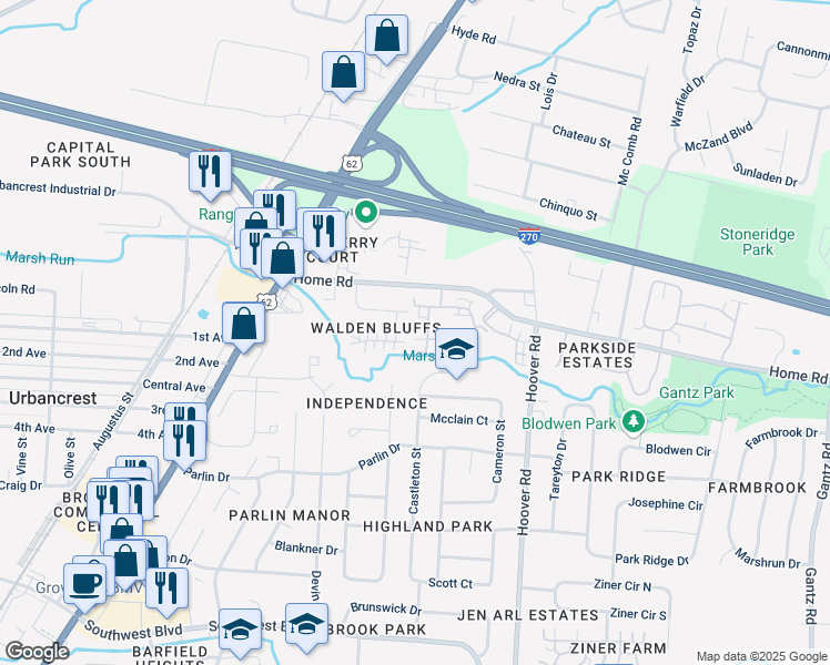 map of restaurants, bars, coffee shops, grocery stores, and more near 3122 Walden Place in Grove City