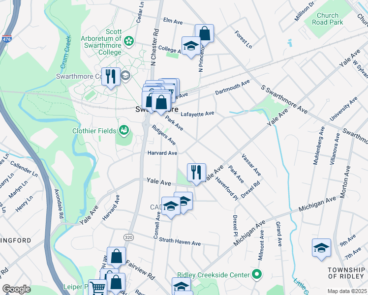 map of restaurants, bars, coffee shops, grocery stores, and more near 417 Harvard Avenue in Swarthmore