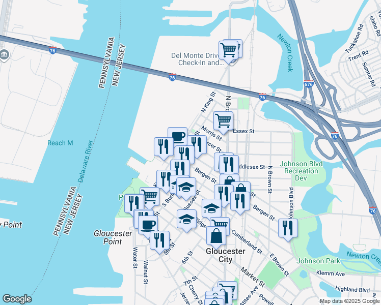 map of restaurants, bars, coffee shops, grocery stores, and more near 221 Hudson Street in Gloucester City