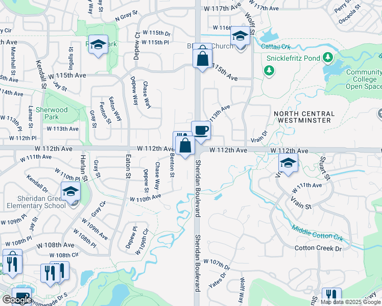 map of restaurants, bars, coffee shops, grocery stores, and more near 11230 Benton Street in Westminster