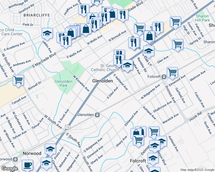 map of restaurants, bars, coffee shops, grocery stores, and more near in Glenolden