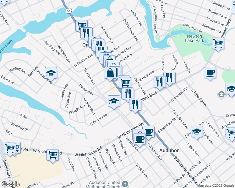 map of restaurants, bars, coffee shops, grocery stores, and more near 912 U.S. 30 in Oaklyn