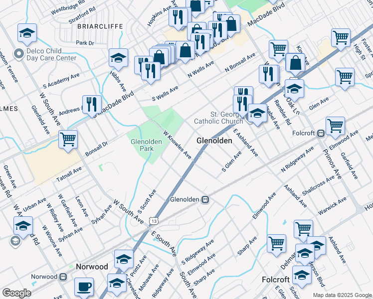 map of restaurants, bars, coffee shops, grocery stores, and more near 23 West Knowles Avenue in Glenolden