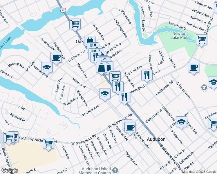 map of restaurants, bars, coffee shops, grocery stores, and more near 3 West Park Avenue in Oaklyn