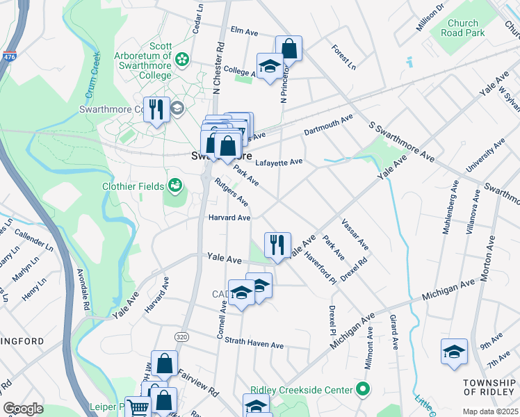 map of restaurants, bars, coffee shops, grocery stores, and more near 417 Harvard Avenue in Swarthmore