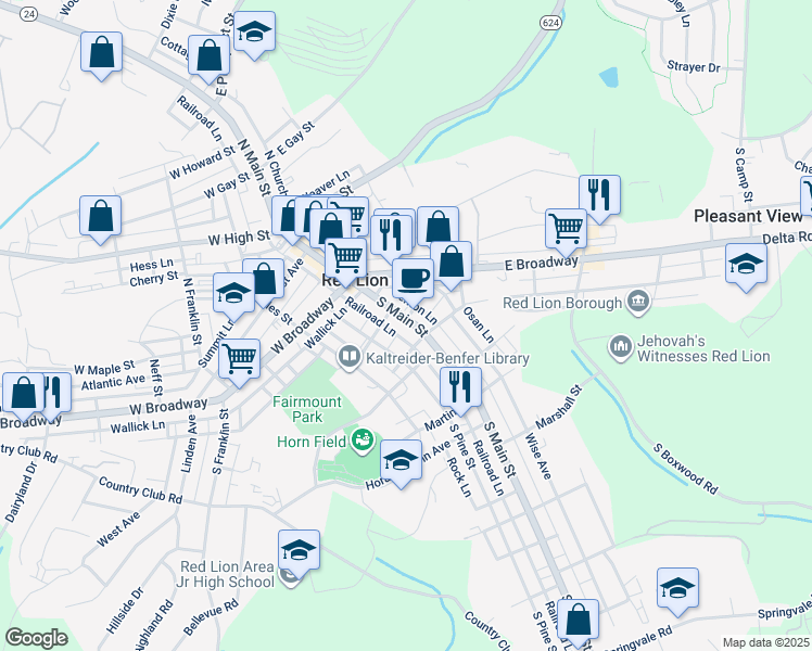 map of restaurants, bars, coffee shops, grocery stores, and more near 120 South Main Street in Red Lion