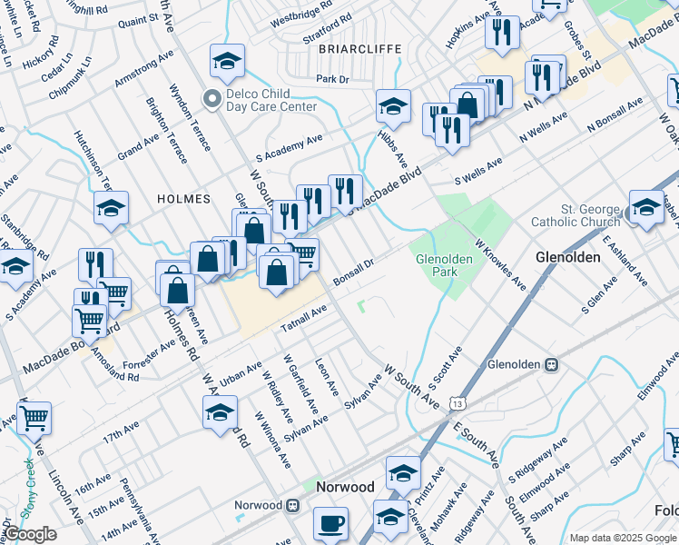 map of restaurants, bars, coffee shops, grocery stores, and more near 403 Benson Avenue in Glenolden