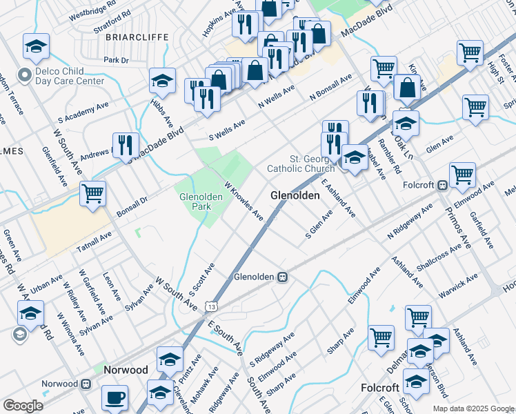 map of restaurants, bars, coffee shops, grocery stores, and more near 23 West Knowles Avenue in Glenolden