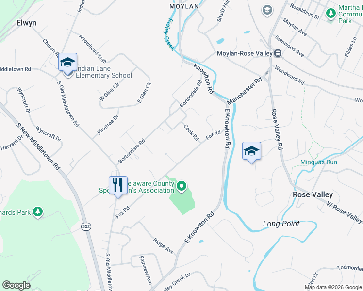 map of restaurants, bars, coffee shops, grocery stores, and more near 18 Cook Road in Media