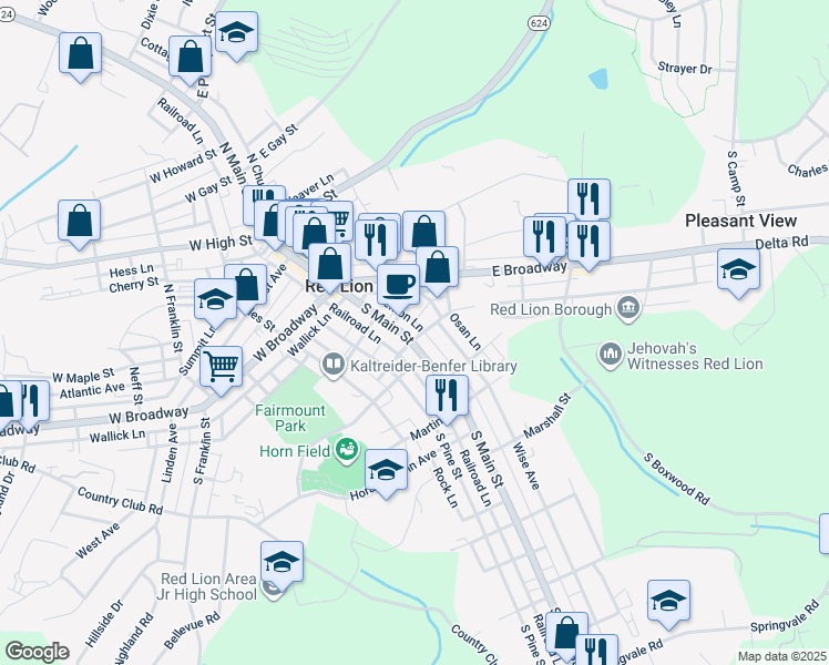map of restaurants, bars, coffee shops, grocery stores, and more near 123 South Main Street in Red Lion