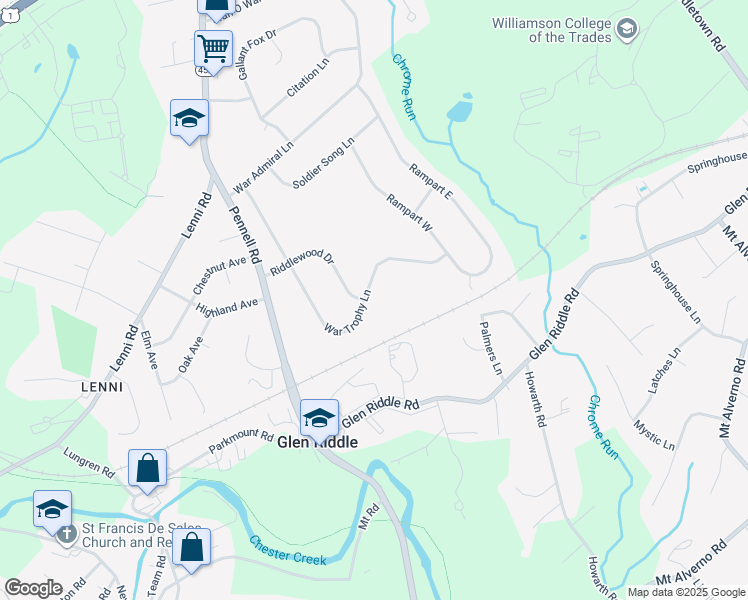 map of restaurants, bars, coffee shops, grocery stores, and more near 23 Riddlewood Drive in Media