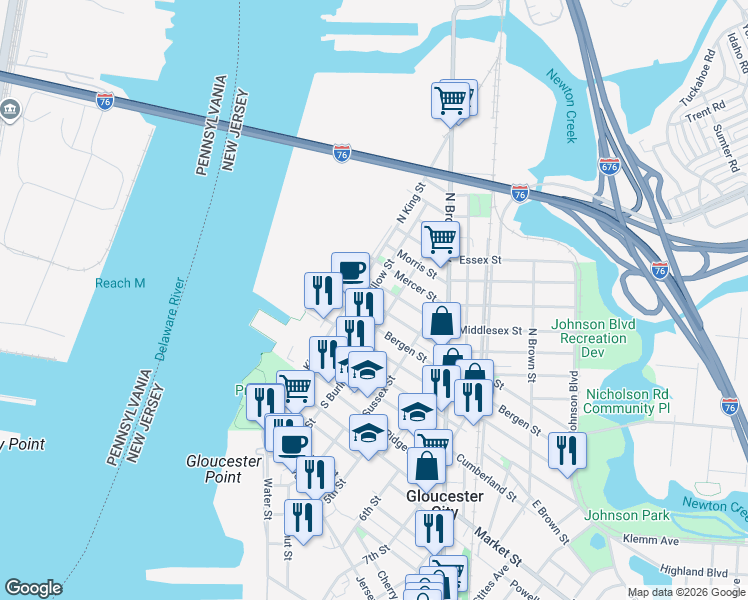 map of restaurants, bars, coffee shops, grocery stores, and more near 219 Middlesex Street in Gloucester City