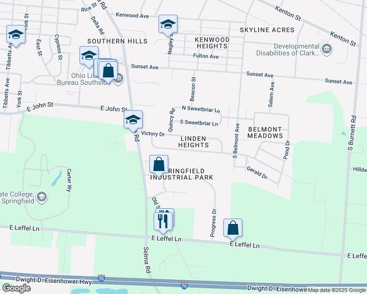 map of restaurants, bars, coffee shops, grocery stores, and more near 1628 Memorial Drive in Springfield