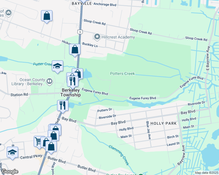 map of restaurants, bars, coffee shops, grocery stores, and more near Avenue East in Berkeley Township