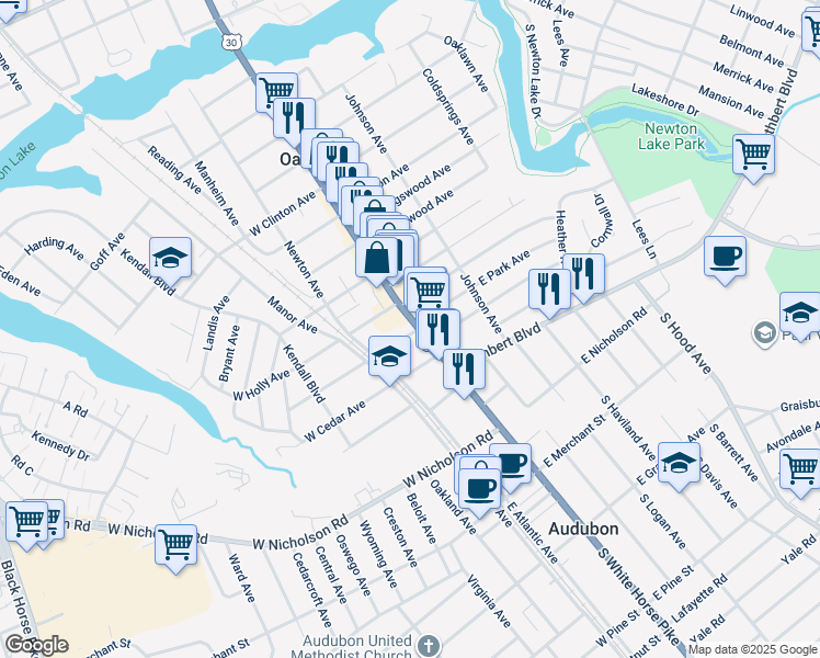 map of restaurants, bars, coffee shops, grocery stores, and more near 912 U.S. 30 in Oaklyn