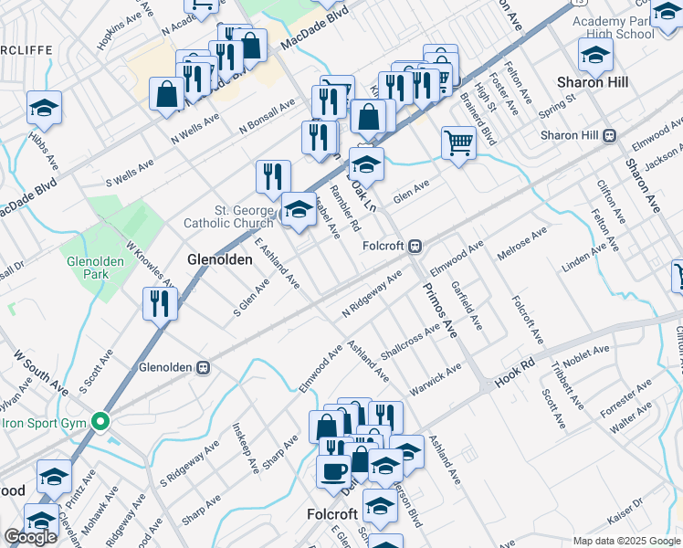 map of restaurants, bars, coffee shops, grocery stores, and more near 127 East Cooke Avenue in Glenolden