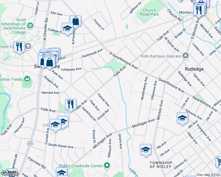 map of restaurants, bars, coffee shops, grocery stores, and more near 313 Dickinson Avenue in Swarthmore