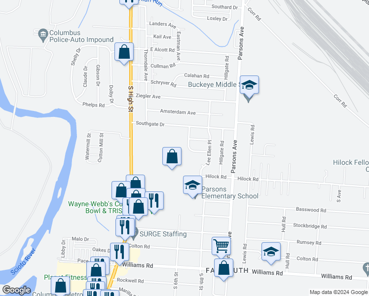 map of restaurants, bars, coffee shops, grocery stores, and more near 3033 Markham Road in Columbus