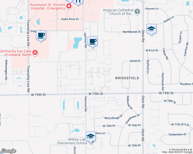 map of restaurants, bars, coffee shops, grocery stores, and more near 8015 Silverleaf Drive in Indianapolis