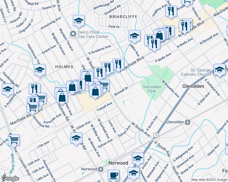 map of restaurants, bars, coffee shops, grocery stores, and more near 404 Benson Avenue in Glenolden