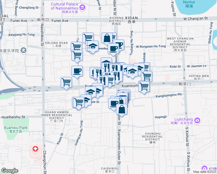 map of restaurants, bars, coffee shops, grocery stores, and more near Xuanwumen West Street in Beijing