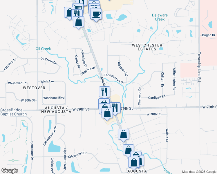 map of restaurants, bars, coffee shops, grocery stores, and more near 7929 North Michigan Road in Indianapolis