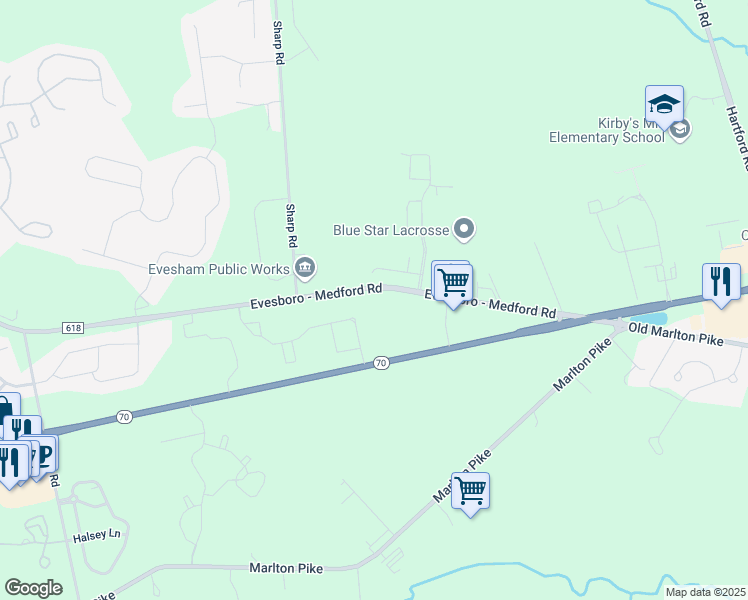 map of restaurants, bars, coffee shops, grocery stores, and more near 19 Medford Evesboro Road in Medford