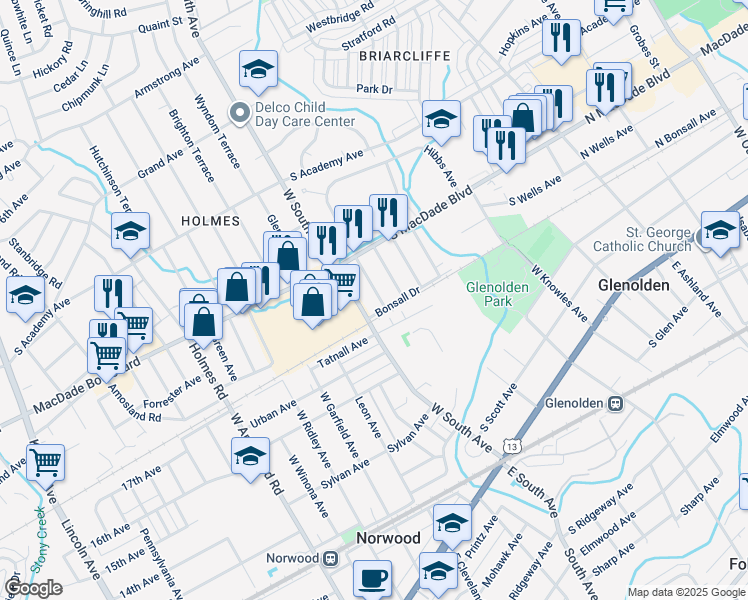 map of restaurants, bars, coffee shops, grocery stores, and more near 404 Benson Avenue in Glenolden