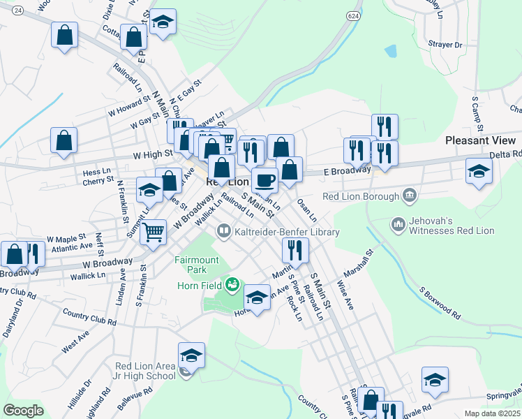 map of restaurants, bars, coffee shops, grocery stores, and more near 120 South Main Street in Red Lion