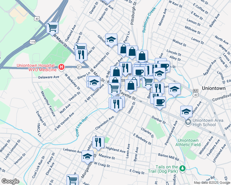 map of restaurants, bars, coffee shops, grocery stores, and more near 104 West Fayette Street in Uniontown