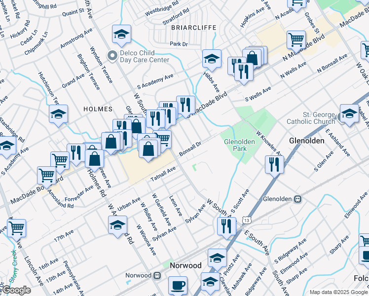 map of restaurants, bars, coffee shops, grocery stores, and more near 413 Benson Avenue in Glenolden