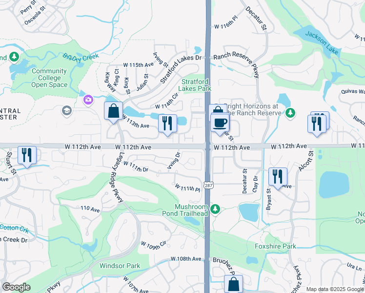 map of restaurants, bars, coffee shops, grocery stores, and more near 3190 West 112th Avenue in Westminster