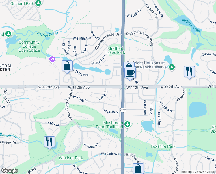 map of restaurants, bars, coffee shops, grocery stores, and more near 3190 West 112th Avenue in Westminster