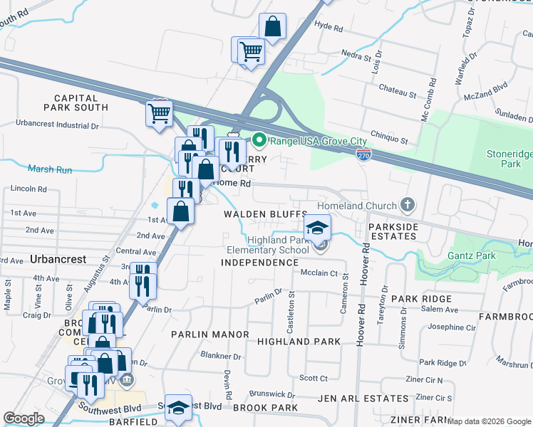 map of restaurants, bars, coffee shops, grocery stores, and more near 2741 Charles Drive in Grove City