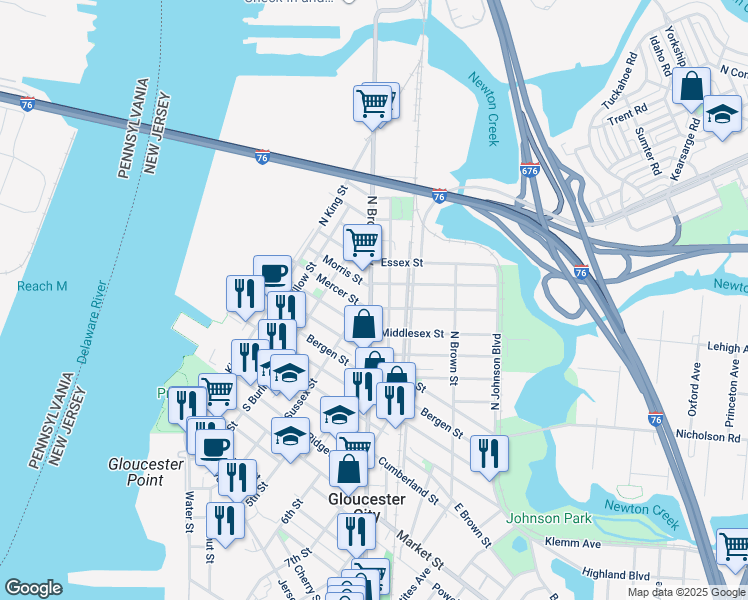 map of restaurants, bars, coffee shops, grocery stores, and more near 220 North Broadway in Gloucester City