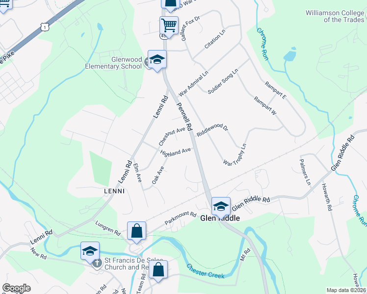map of restaurants, bars, coffee shops, grocery stores, and more near 206 Pennsylvania 452 in Media