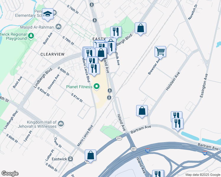 map of restaurants, bars, coffee shops, grocery stores, and more near 3214 Island Avenue in Philadelphia