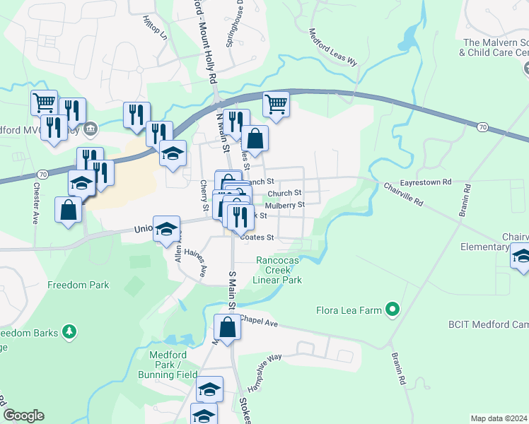 map of restaurants, bars, coffee shops, grocery stores, and more near 33 Bank Street in Medford