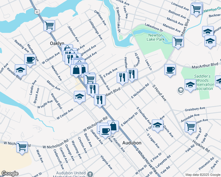 map of restaurants, bars, coffee shops, grocery stores, and more near 685 Johnson Avenue in Oaklyn