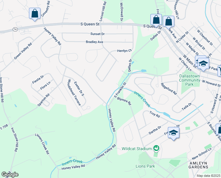 map of restaurants, bars, coffee shops, grocery stores, and more near 250 South Franklin Street in Dallastown