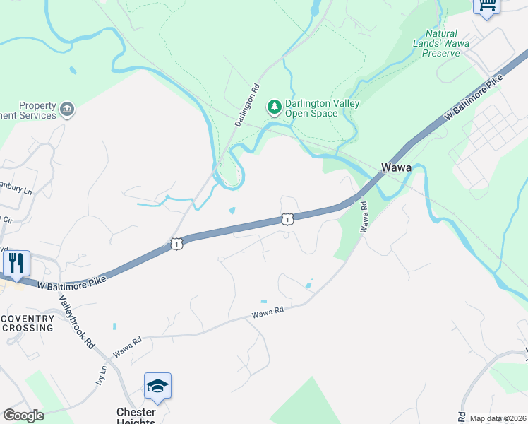 map of restaurants, bars, coffee shops, grocery stores, and more near 277 West Baltimore Pike in Media