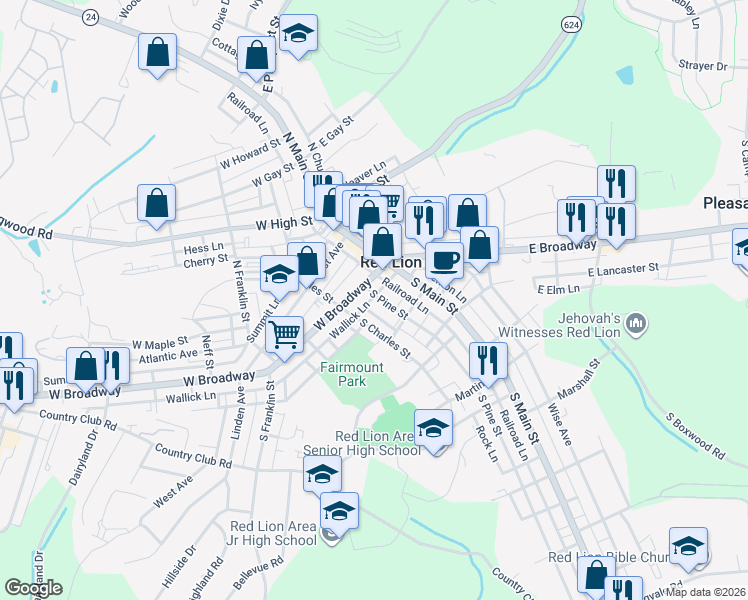 map of restaurants, bars, coffee shops, grocery stores, and more near 34 West Broadway in Red Lion