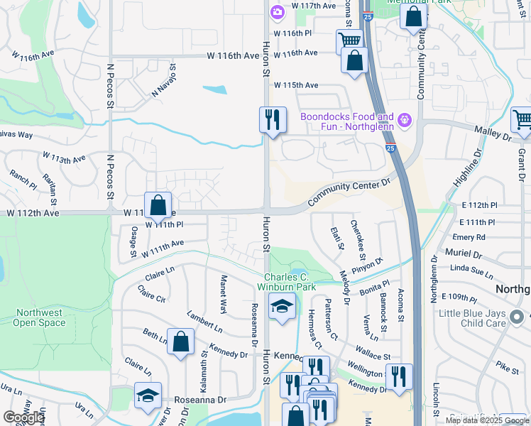 map of restaurants, bars, coffee shops, grocery stores, and more near Huron St & W 112th Ave in Northglenn