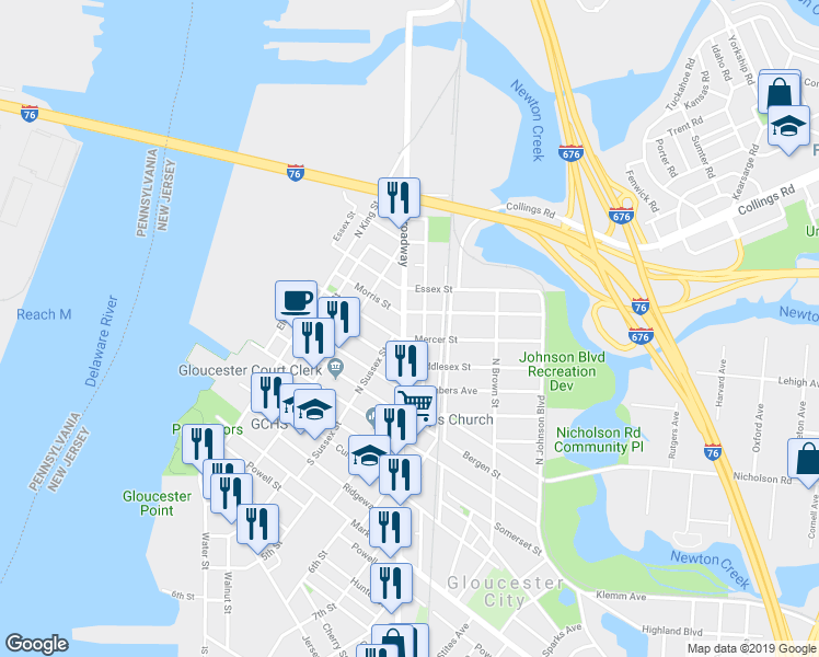 map of restaurants, bars, coffee shops, grocery stores, and more near 220 North Broadway in Gloucester City