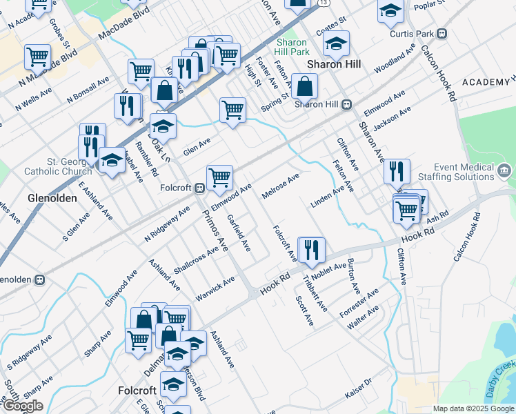 map of restaurants, bars, coffee shops, grocery stores, and more near 1481 Melrose Avenue in Sharon Hill