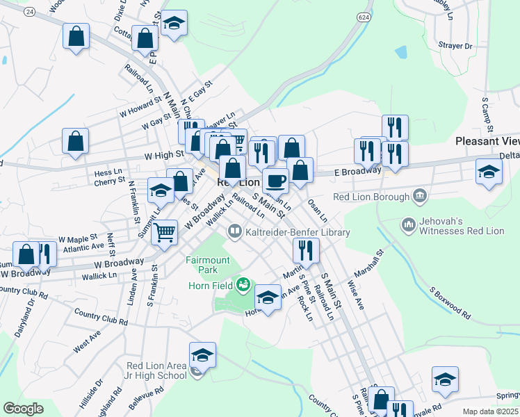 map of restaurants, bars, coffee shops, grocery stores, and more near 50-52 South Main Street in Red Lion