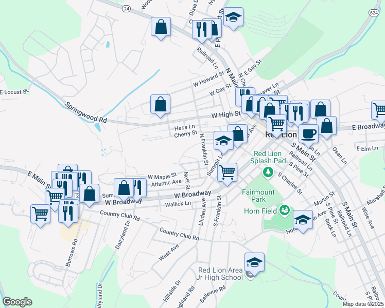 map of restaurants, bars, coffee shops, grocery stores, and more near 216 North Franklin Street in Red Lion