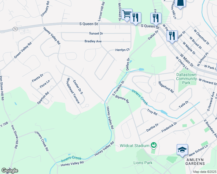 map of restaurants, bars, coffee shops, grocery stores, and more near 250 South Franklin Street in Dallastown
