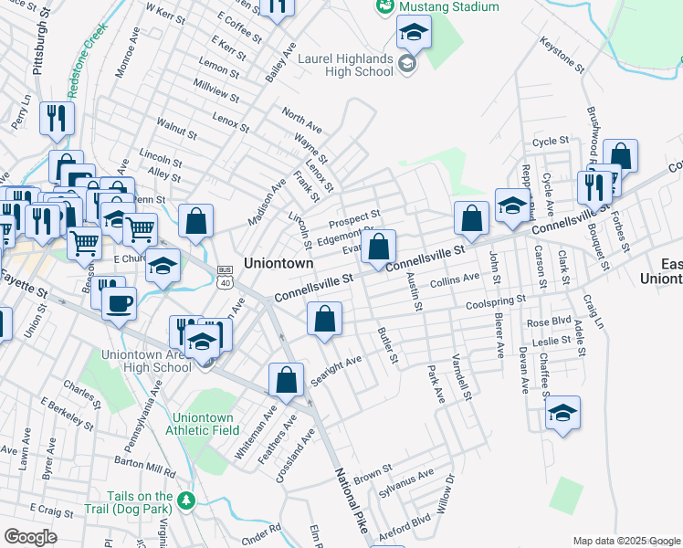 map of restaurants, bars, coffee shops, grocery stores, and more near 115 Connellsville Street in Uniontown